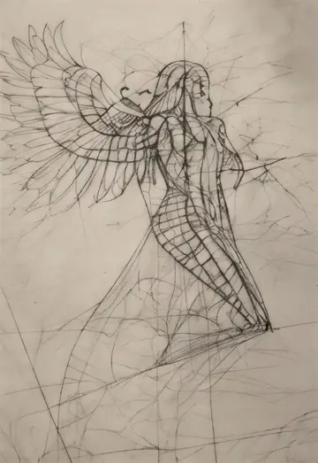 Pencil sketch of a winged figure, the first step of a sculpture